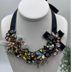 J. Crew Black Ribbon Funfetti AB Tinsel Sequin Floral Multicolor Bow necklace